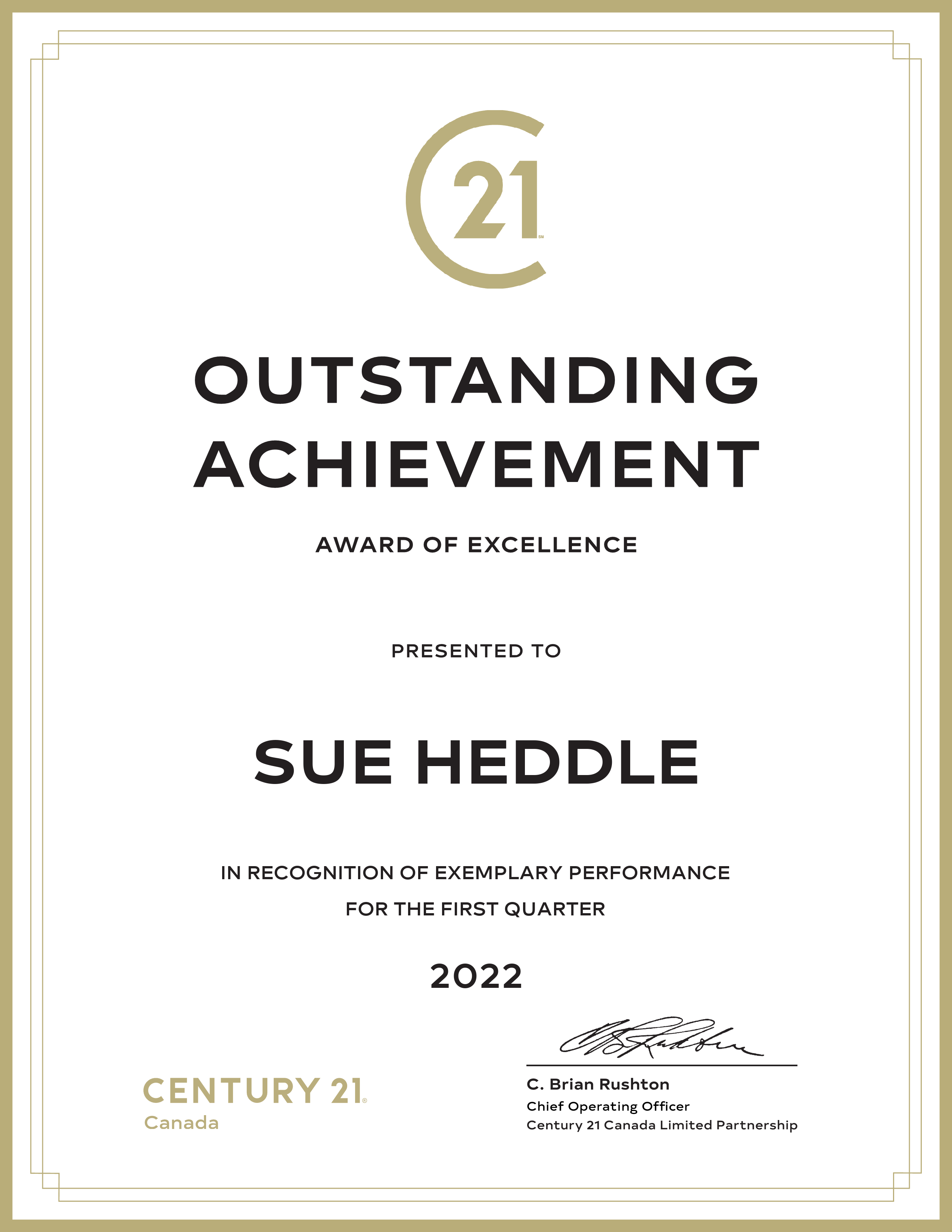 2022 First Quarter Outstanding Achievement Award for Sue Heddle